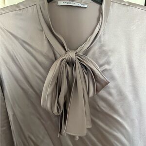 MM Lafleur Taupe Satin Blouse with Bow